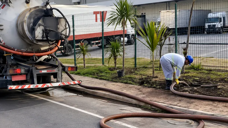 Caminhão de sucção e técnico fazendo limpeza de fossa em área empresarial