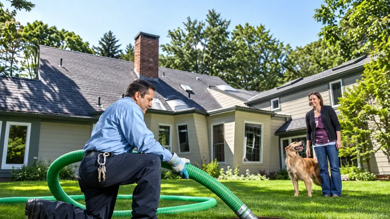 Técnico fazendo limpeza de fossa no jardim de uma casa, com a moradora acompanhando